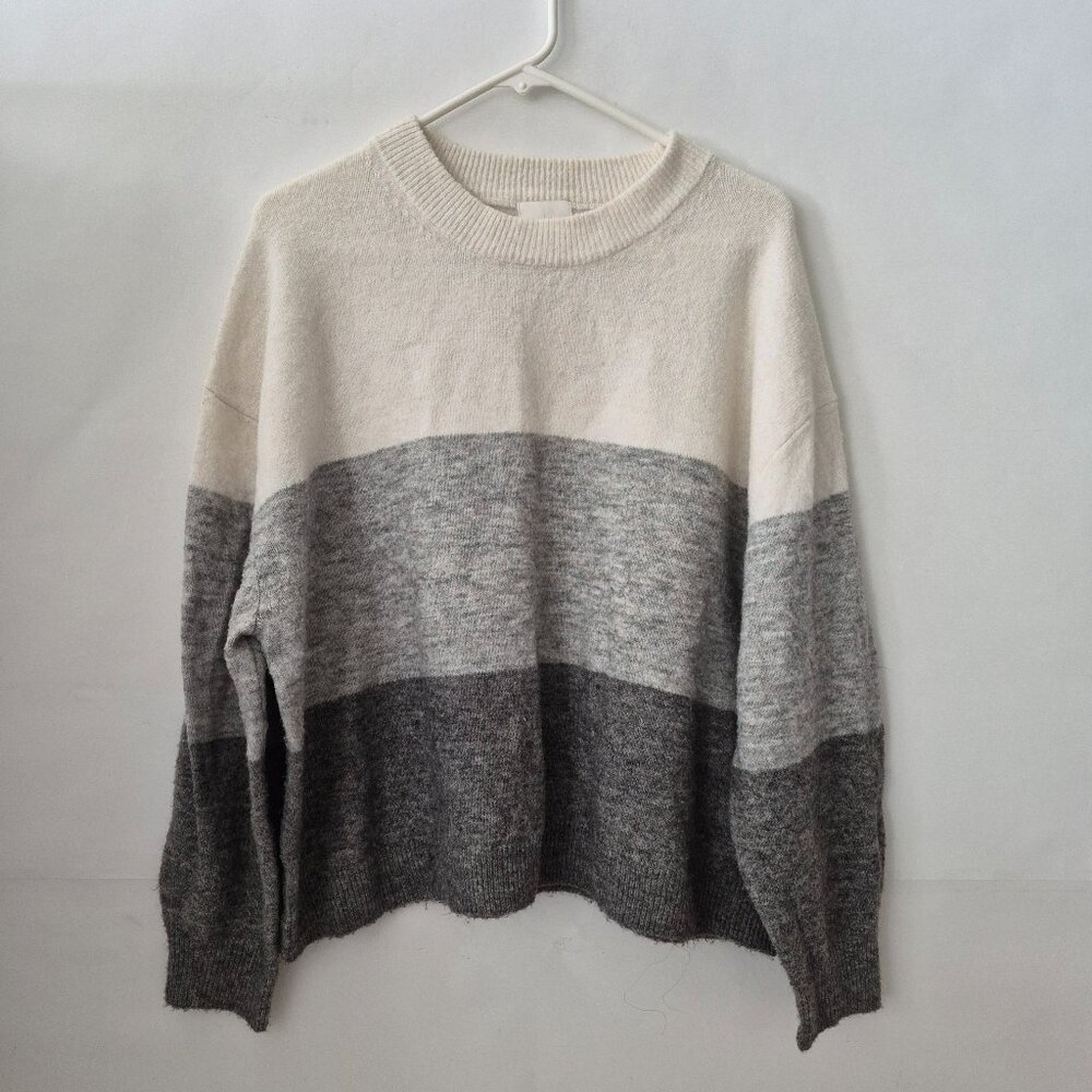 H&M Womens XL Colorblock Wool Blend Gray Ivory Long Sleeve Crew Neck Sweater